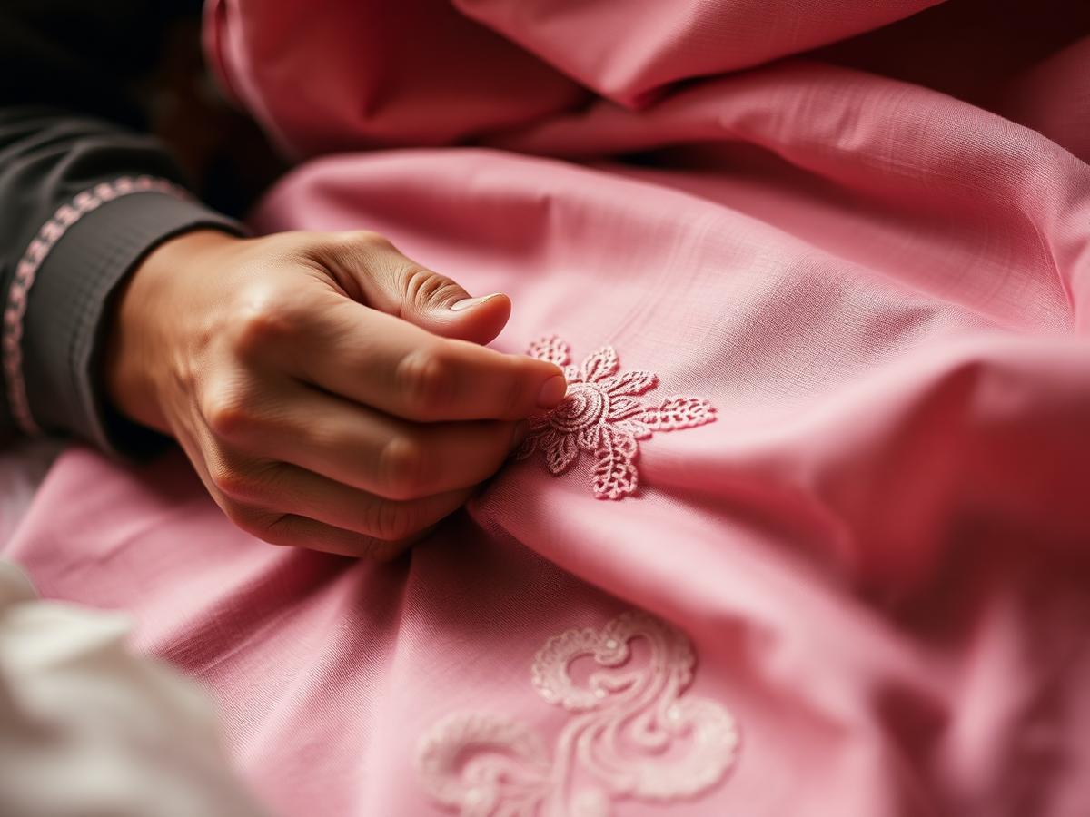 Hand embroidery on soft pink fabric