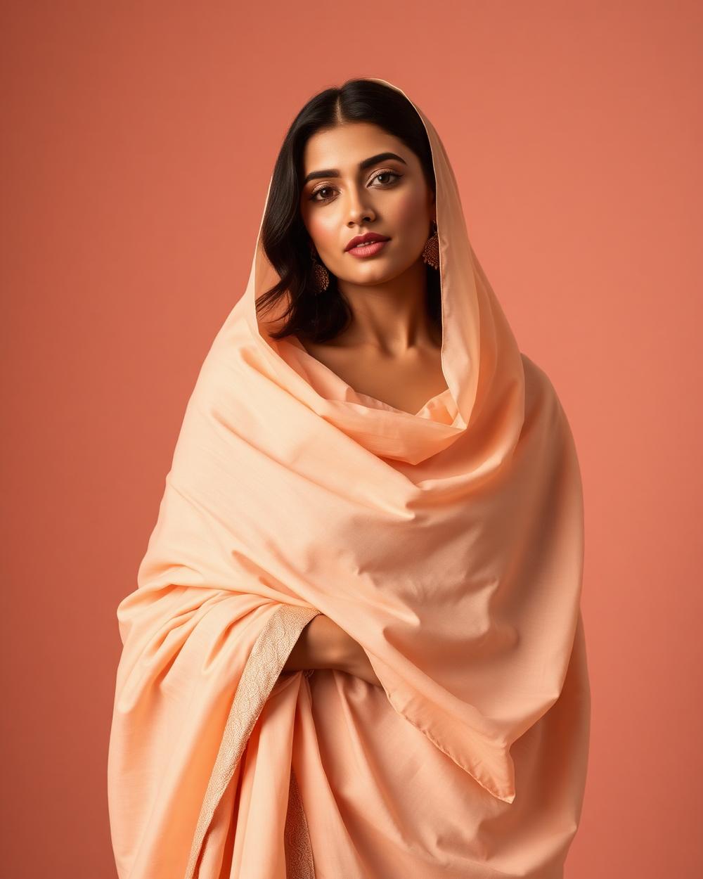 Model draped in a peach dupatta